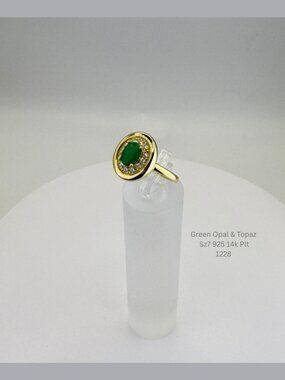 Natural Green Opal & White Topaz Ring Size 7 925 Sterling Silver 14K Gold Plated